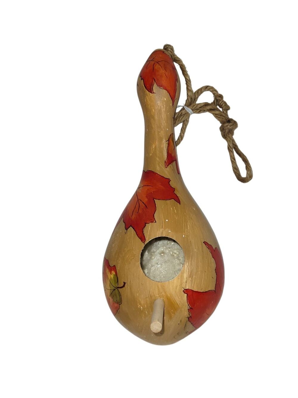 Fall Hand Painted Gourd Hanging Decorative Bird House Leaves 12" Orange / Brown